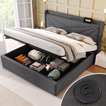 Cama De 140x200 Cm, Cabecero Con Usb Tipo C, Almacenamiento Hidráulico, Lino, Somier De Lamas Incluido, Sin Colchón, Color Gris