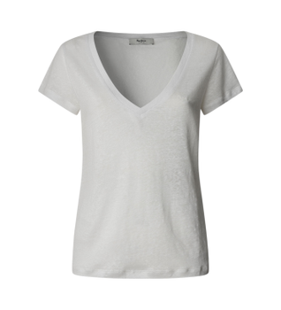 Pepe Jeans para mujer. PL506048 Camiseta De Manga Corta Y Cuello De Pico Megan blanco (XS), Casual, Algodón, Sostenible