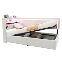 cama tapizada de 90x200 cm individual con led y usb cabecero abatible almacenamiento hidraulico terciopelo color beige