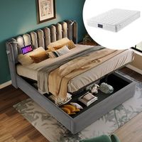 cama doble tapizada con cabecera almacenamiento terciopelo lampara de lectura y carga usb 140x200 somier de listones y colchon gris