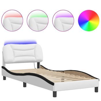 Cama Para Adulto | Cama Individual | Estructura Cama Con Led Cuero Sintético Blanco Y Negro 90x190cm
