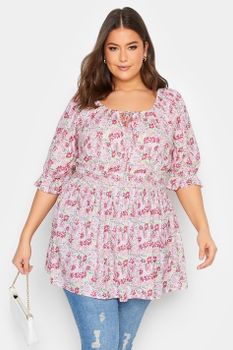 Yours Top Blanco De Flores Rosas Con Cinturilla Fruncida, Mujer Curvy Y Tallas Grandes, Yours