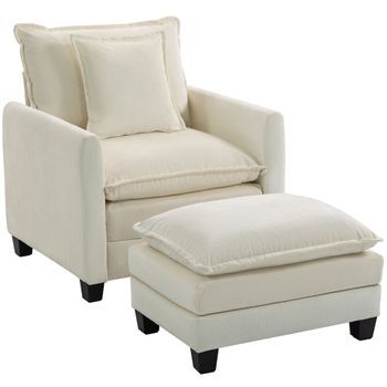HOMCOM Sillón de salón con reposapiés, sofá 1 plaza en chenilla, asiento amplio, acolchado de doble capa, 85x128x86cm, crema