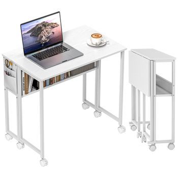 Escritorio Plegable Con Ruedas De Tablero De Madera Y Estructura Metálica, 80 X 50 X 75 Cm – Blanco