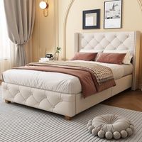 cama tapizada con somier de lamas y cabecero acolchado pies de madera tela de lino beige 90x200 cm