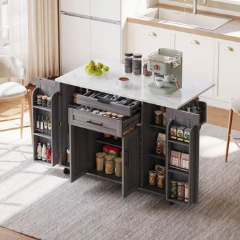 Carrito De Cocina De 120x45cm, Tablero Extensible Hasta 70cm, Cajón, Estantes Ajustables, Especiero, Paño De Cocina, Gris