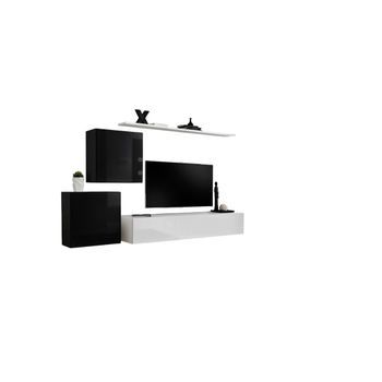 Conjunto De Muebles Para Salón Mural Switch V Diseño, Color Blanco Y Negro Brillante.