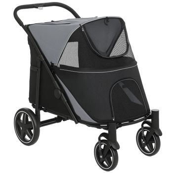 PawHut Cochecito Plegable para Perros Carrito de Mascotas con Ventanas de Malla Correas de Seguridad 112x65x100 cm Gris y Negro
