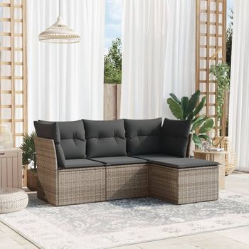 Conjunto De Sofás De Jardín 4 Uds | Mueble Jardin Mesa Y Sillas Y Cojines Ratán Sintético Gris Cfw194902