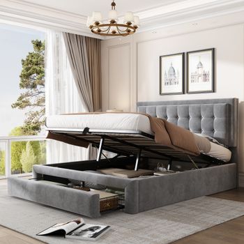 Cama Contenedor Para Adultos 140x200cm Con 2 Cajones, Tapizada En Terciopelo, Gran Espacio De Almacenamiento, Estilo Contemporáneo, Gris