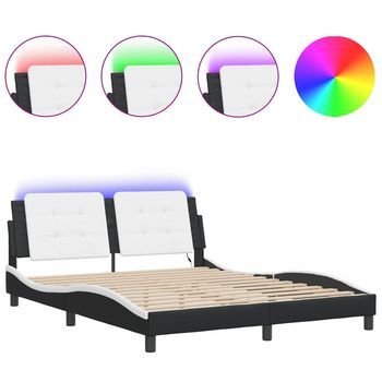 Cama Matrimonial | Cama Para Adultos | Estructura De Cama Con Luz Led Cuero Pe Negro Blanco 160x200 Cm
