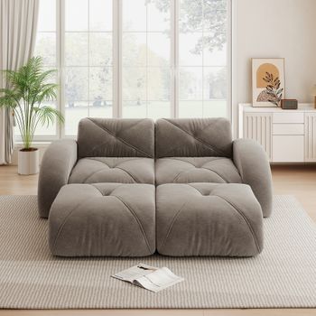 Sofá Modular De 2 Plazas Con Dos Pufs, Chenilla Color Topo, Sin Estructura
