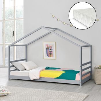 Cama Para Niños De Pino Con Colchón De Espuma Fría - 200 X 90 Cm - Cama Infantil - Forma De Casa - Certificado Oeko-tex 100 - En Color Gris Lacado Mate [en.casa]®