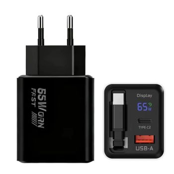 [GaN Tech] XY-1065 Cargador de pared USB PD digital de 65W,con 2 puertos y cable retráctil Tipo-C,adaptador de carga ráp