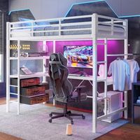 cama alta de 90 x 200 cm con escritorio esquinero y 3 cajones - carga usb  led - metal y mdf - blanco sin colchon