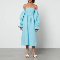 sleeper atlanta shirred linen off-the-shoulder dress - m