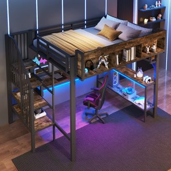 Cama Alta De 140 X 200 Cm Con Escritorio De Esquina, Estantes, Panel Perforado, Puertos Usb/tipo C E Iluminación Led - Metal Y Mdf - Negro