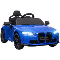 aiyaplay coche de bateria para ninos 12v bmw m4 con mando a distancia faros bocina musica velocidad 3-5 kmh azul
