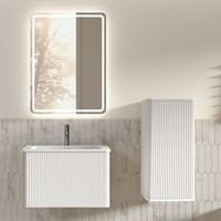 conjunto de mueble de bano con lavabo y espejo led suspendido de 60 cm blanco acanalado