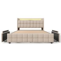 cama tapizada 140x200cm en lino con led y puertos de carga usb 2 cajones beige