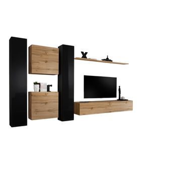 Conjunto De Muebles Suspendidos Para Su Salón De La Colección Switch Vi. Colores Roble Wotan Y Negro Brillante.