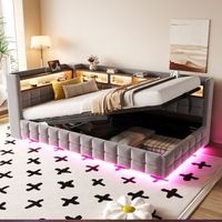lit canape rembourre 90x200 cm con cofre hidraulico banda led toma usb y tipo-c estante de madera terciopelo gris claro