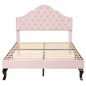 Cama Tapizada Rosa De 140x200 Cm Con Somier De Madera Y Cabecero Ajustable