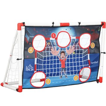 HOMCOM Portería de fútbol y jaula de balonmano exterior 2 en 1, portería con 5 áreas de objetivo, balón de balonmano inflable, bomba, estacas de suelo en forma de U, estructura ligera