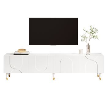 Mueble De Tv Blanco 180 Cm, Mesa De Televisor Con 4 Puertas Y Relieve Asimétrico, Patas De Madera Maciza