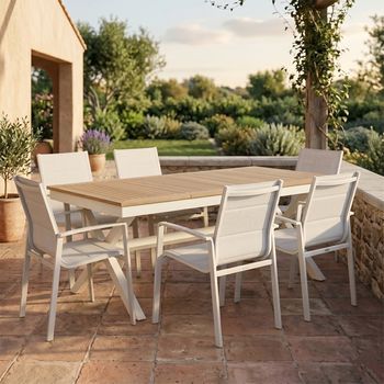 Conjunto De Exterior De Mesa Rectangular Y Sillas Blanco Envejecido