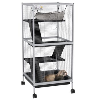 PawHut Jaula para Animales Pequeños de 4 Niveles con Ruedas 52x52x113,5cm Gris