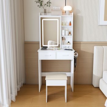 Tocador Con Espejo Y Taburete - Mueble Para Dormitorio - Mdf - Blanco (60x36x136cm)