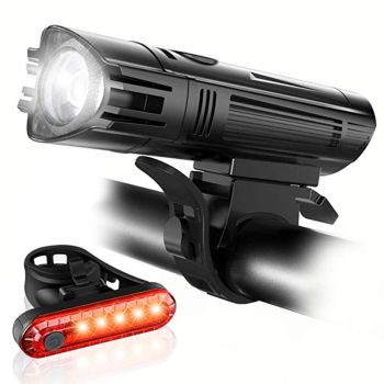 Conjunto de luces para bicicleta potentes: luz delantera y trasera recargable por USB, resistente al agua y con linterna