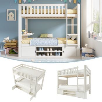 Literas 2 X 90 X 200 Cm Con 2 Puertas, Zapatero Y Balda Abatible - Pino + Mdf + Contrachapado - Blanco (colchones No Incluidos)