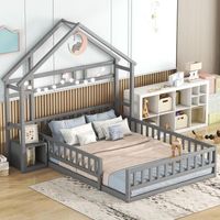 cama infantil 140x200 casita madera maciza gris con barrera y mesita