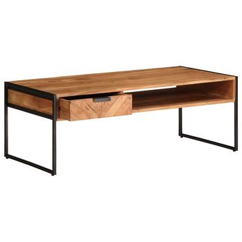 Mesa De Centro 55x110x40 Cm Madera Maciza De Acacia Con Acabado Natural Y Acero Con Recubrimiento En Polvo - Marrón