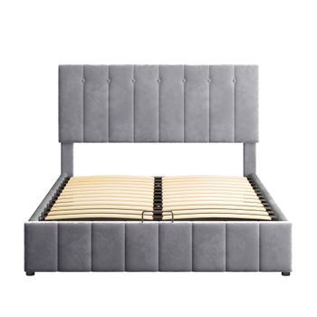 Cama Con Almacenaje Tapizada 140x200cm Tela De Terciopelo Gris
