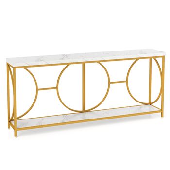 Costway Mesa Consola de 2 Niveles con Superficie de Mármol Falso Estrecha de 180 cm para Entrada Estructura de Metal Mesa Larga para Pasillo Blanco