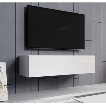 Mueble Tv | Mueble De Televisión | Colgante | Mueble De Salón | 1 Puerta 2 Compartimentos | 120x30x40cm | Modelo Aitana M1 | Blanco Acabado En Brillo