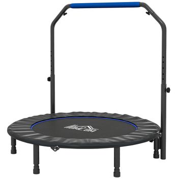 HOMCOM Trampolín de Fitness Adultos Ø122 cm, Cama Elástica Plegable con Mango Ajustable de 4 Niveles Negro y Azul