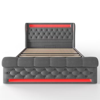 Cama Tapizada 140x200cm - Con Led, Cabecera Con Almacenamiento, Puertos Usb Y Tipo-c, Cama Hidráulica - Gris