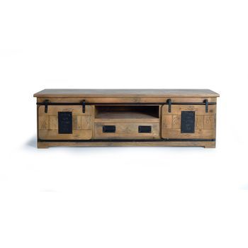 Mueble Televisor En Madera De Mango Estilo Industrial Con Dos Puertas
