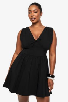 Vestido Plus Skater Estilo Corsé Escotado Con Atadura, Negro