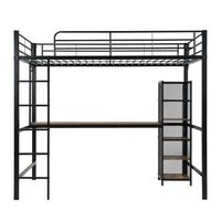 cama alta 90x200 - cama de hierro con escritorio y estanteria multiple barandilla y escalera robusta - negro  madera oscura