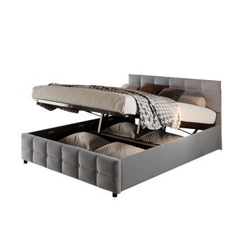 Cama Gris Con Canapé Abatible 180x200 Cm, Estructura Tapizada De Terciopelo