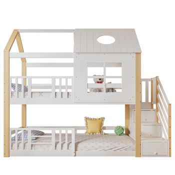 Literas 2x90x200 Cm Con Ventana Y Techo - 3 Cajones - Pino + Mdf - Blanco + Natural