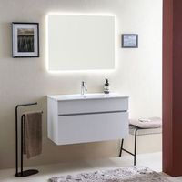 composicion bano suspendido cm 90 acabado blanco efecto madera completo de lavabo y espejo retroiluminado  sole