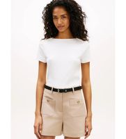 tommy hilfiger para mujer ww0ww49250 camiseta slim de cuello barco con botones beige m casual algodon manga corta