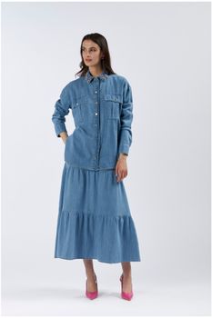 camisa de tela denim con cuello bordado sky l