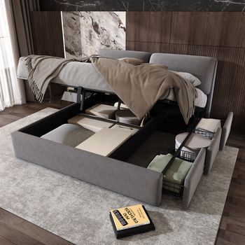 Cama Hidráulica Tapizada De 180x200 Cm En Terciopelo Gris.
